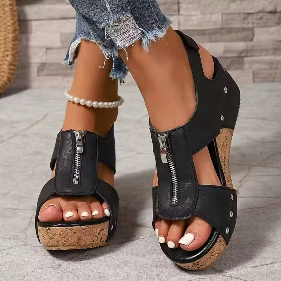 Women's Vintage Wedge Platform Zipper Sandals, Bohemian Height-Increasing Casual Shoes, Comfortable & Stylish For Vacation